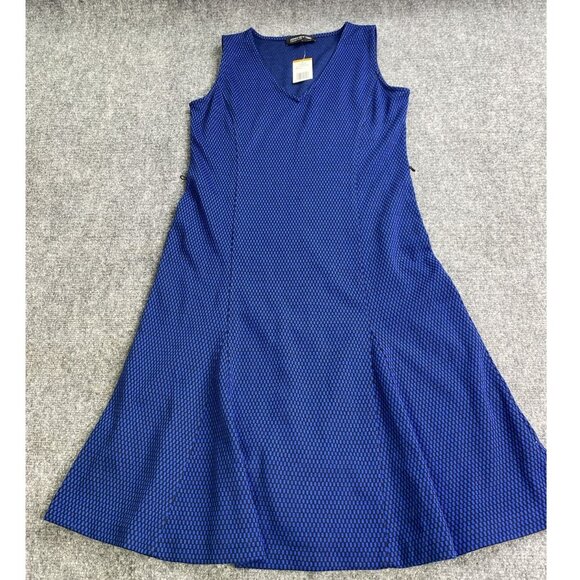 Jones New York‎ Dress Womens S Cobalt Blue Black Fit Flare Midi V Neck No Belt - Picture 6 of 12